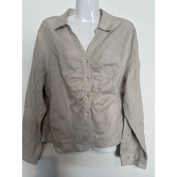 Tahari Long Sleeve 100% Linen Button Up Top XL Tan Womens Minimalist Lagenlook - Picture 1 of 9